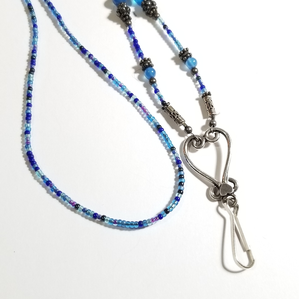 Blue & Silver Glass Beaded Heart Pendant Lanyard
